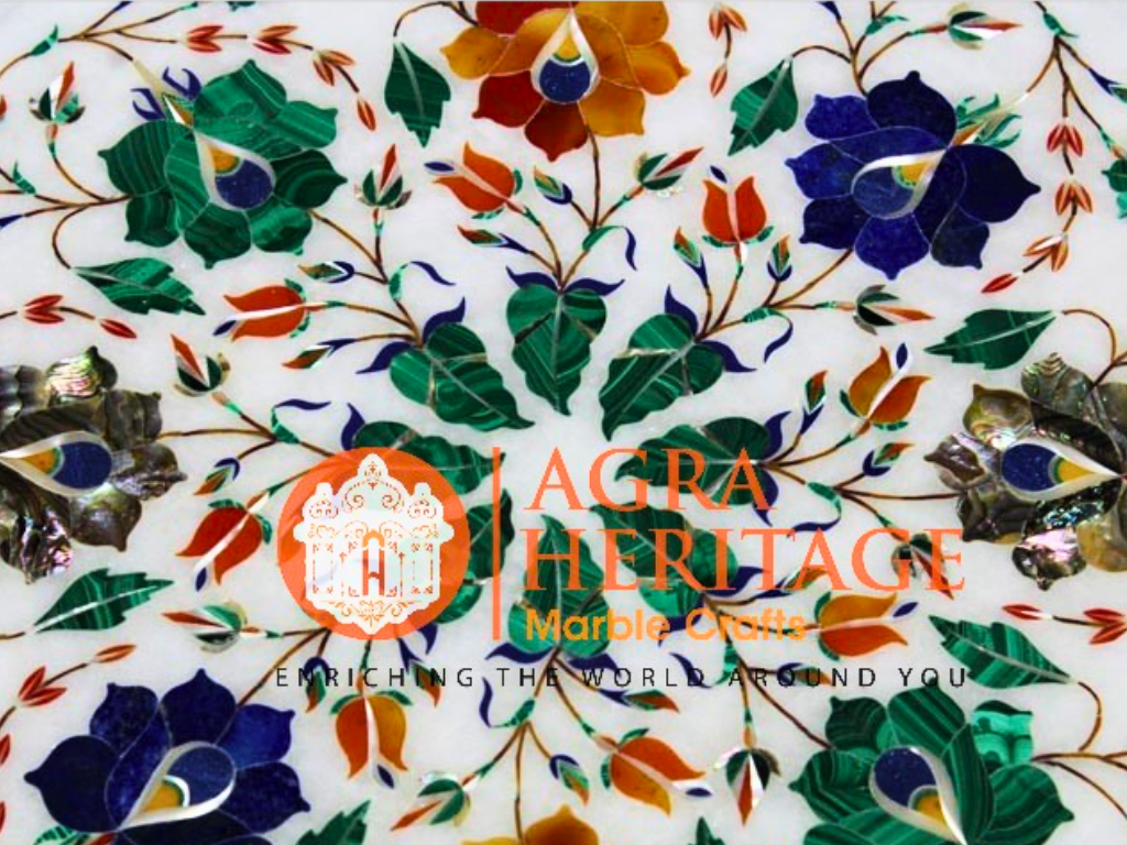 Marble White Corner Table Top Malachite Carnelian Inlaid Art